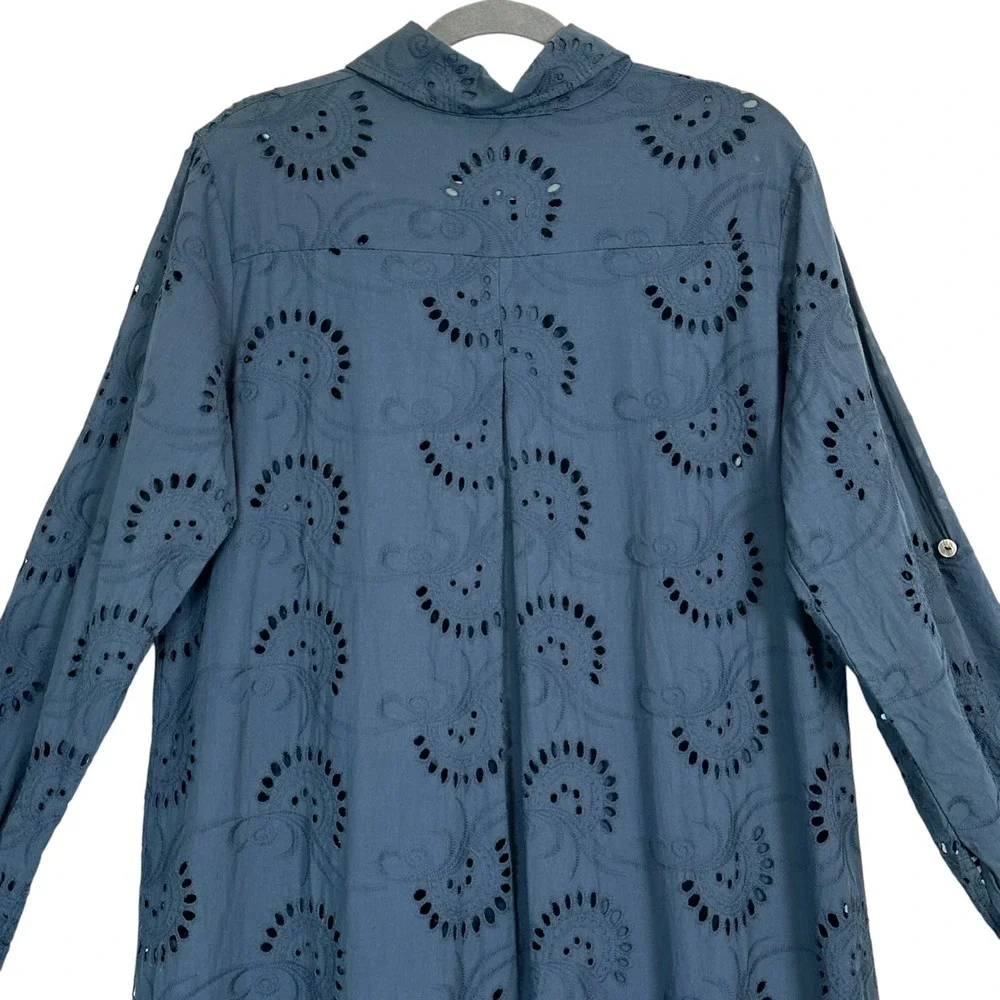 Italian Cotton Eyelet Shirt Dress Blue Embroidered Tunic Long Sleeve L - Picture 9 of 11